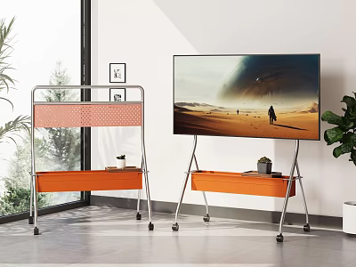 Modern Living Room Interior With Orange TV Stand Rolling Shelf Green Plant And Window 3d model