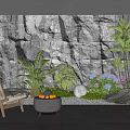 Indoor Landscape With Rock Wall Background Various Plants Wooden Chair Fire Pit And Glowing Lamp
