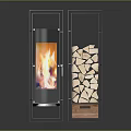 Modern Fireplace With Burning Flame Glass Door Metal Frame And Wood Storage Stacked Firewood
