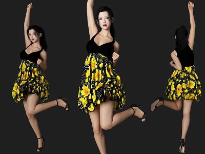 Woman In Yellow Black Floral Dress Jumping With Dancing Poses Three Angles 3d model