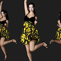 Woman In Yellow Black Floral Dress Jumping With Dancing Poses Three Angles