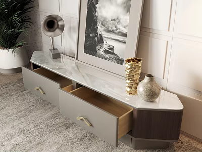 Modern TV Stand With Marble Top Open Drawer And Decorative Vases 3d model