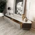 Modern TV Stand With Marble Top Open Drawer And Decorative Vases