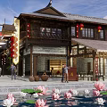 Traditional Commercial Street With Red Lanterns Oil Paper Umbrellas And Pedestrians
