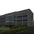 Modern Office Building With Large Glass Windows Landscaped Gardens And Parking Area