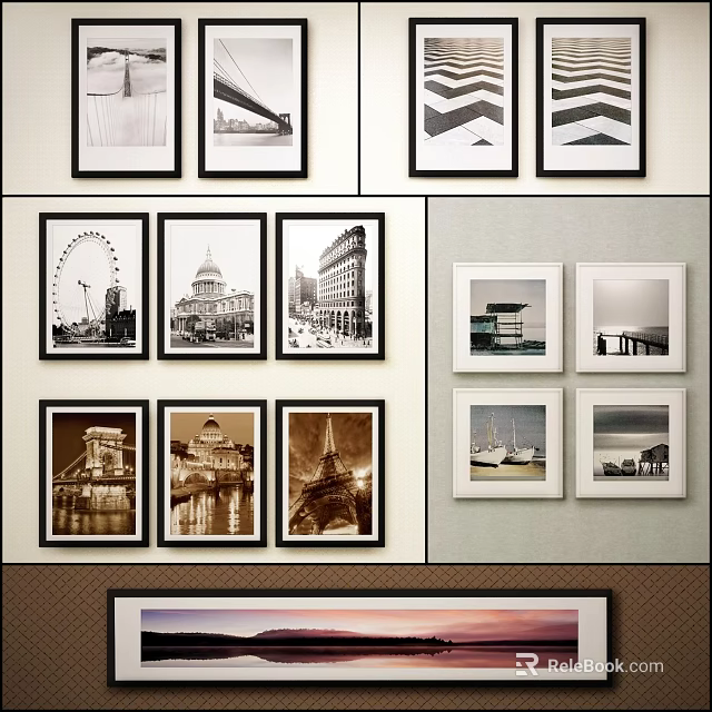 Scenic Decorative Wall Art Featuring City Architecture Ferris Wheel And Seascapes In Black White Styles 3d model 
