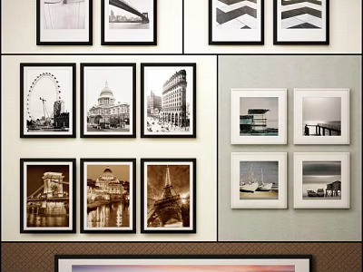Scenic Decorative Wall Art Featuring City Architecture Ferris Wheel And Seascapes In Black White Styles 3d model