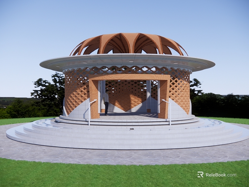 Wooden Circular Landscape Pavilion With Hollow Top Steps On Green Lawn Under Blue Sky 3d model 