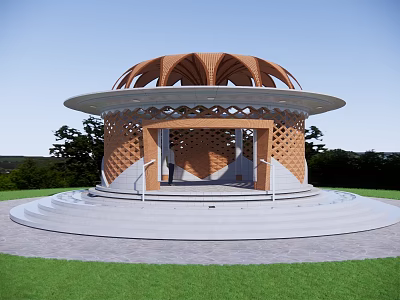 Wooden Circular Landscape Pavilion With Hollow Top Steps On Green Lawn Under Blue Sky 3d model