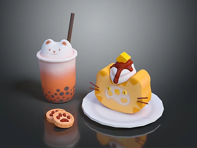 Cute Cat Themed Milk Tea With Boba And Cat Face Cake With Cream And Cookies 3d model