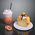 Cute Cat Themed Milk Tea With Boba And Cat Face Cake With Cream And Cookies