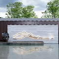 Modern Landscape Feature Wall With Mountain Pattern Lighting And Stone Surface Design