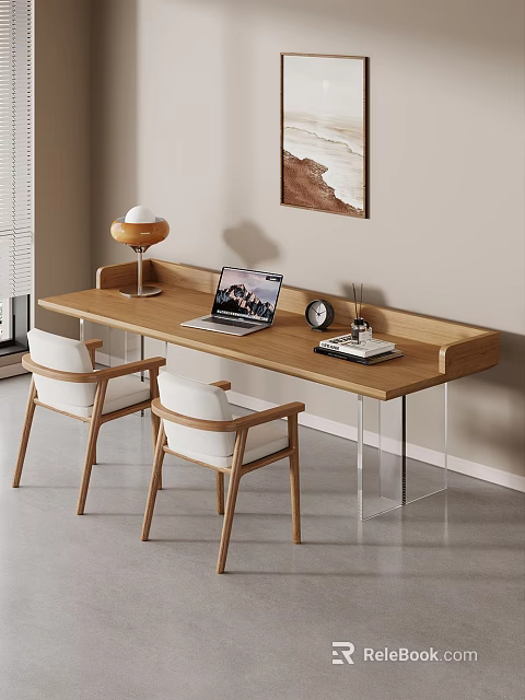 Wooden Desk and Chair Set with Laptop Table Lamp Clock and Books in Indoor Workspace 3d model 