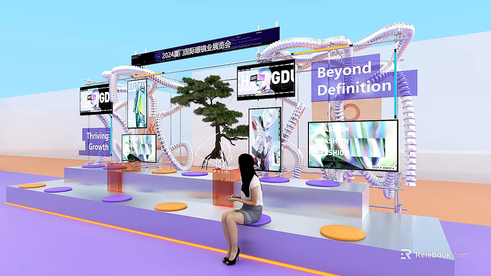 Modern Window Display Design With Screens Decorative Structures And Colorful Elements 3d model 