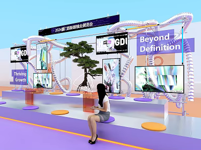 Modern Window Display Design With Screens Decorative Structures And Colorful Elements 3d model