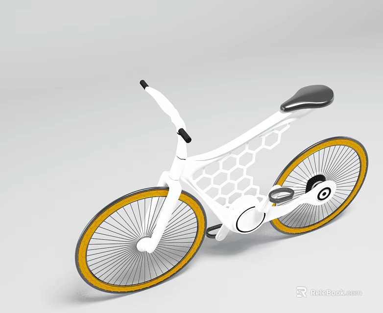 White Bicycle With Black Seat Yellow Wheel Rims And Honeycomb Design Frame 3d model 