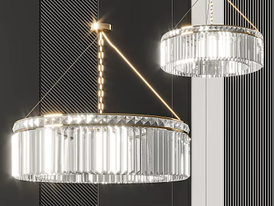 Modern Crystal Chandeliers With Transparent Prisms And Gold Chain Hanging In Dark Stripe Wall 3d model
