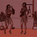 Women Playing Saxophone in White Shirts and Red Plaid Skirts with Indoor Plants
