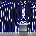 Blue Wavy Storefront Design With White Lighting Lines And SPACE Sign Entrance