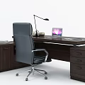 Stylish Dark Wooden Office Desk With Laptop Desk Lamp And Decorative Items