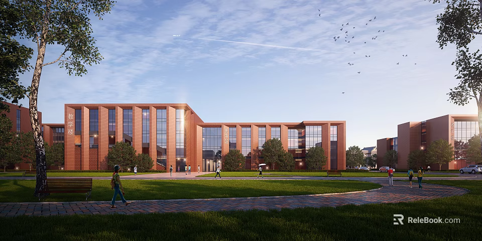 Red Brick Office Building With Large Windows Green Lawn People Walking Blue Sky Flying Birds 3d model 