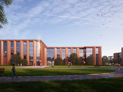 Red Brick Office Building With Large Windows Green Lawn People Walking Blue Sky Flying Birds 3d model