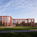 Red Brick Office Building With Large Windows Green Lawn People Walking Blue Sky Flying Birds