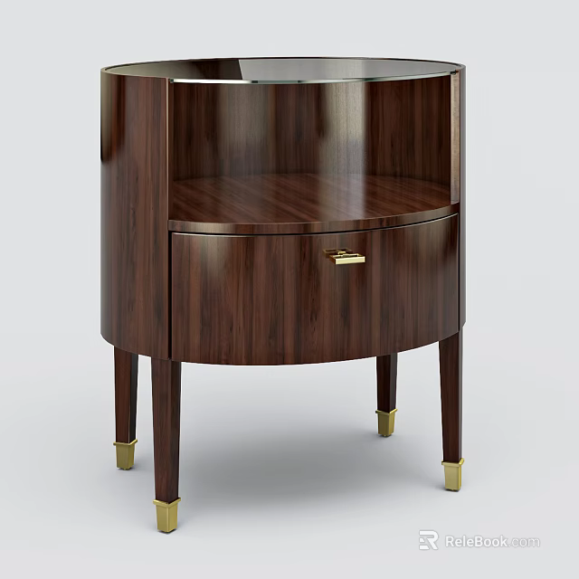 Elegant Dark Brown Wooden Bedside Table With Single Drawer And Gold Legs 3d model 