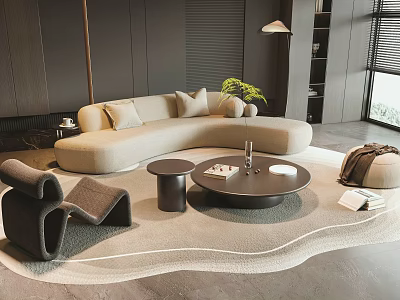 Modern Beige Curved Sofa and Round Black Coffee Table Set with Cushions on Plush Rug 3d model