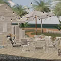 Charming Tropical Beach Cabin Scenery With Lush Palm Trees And Comfortable Seaside Outdoor Lounge