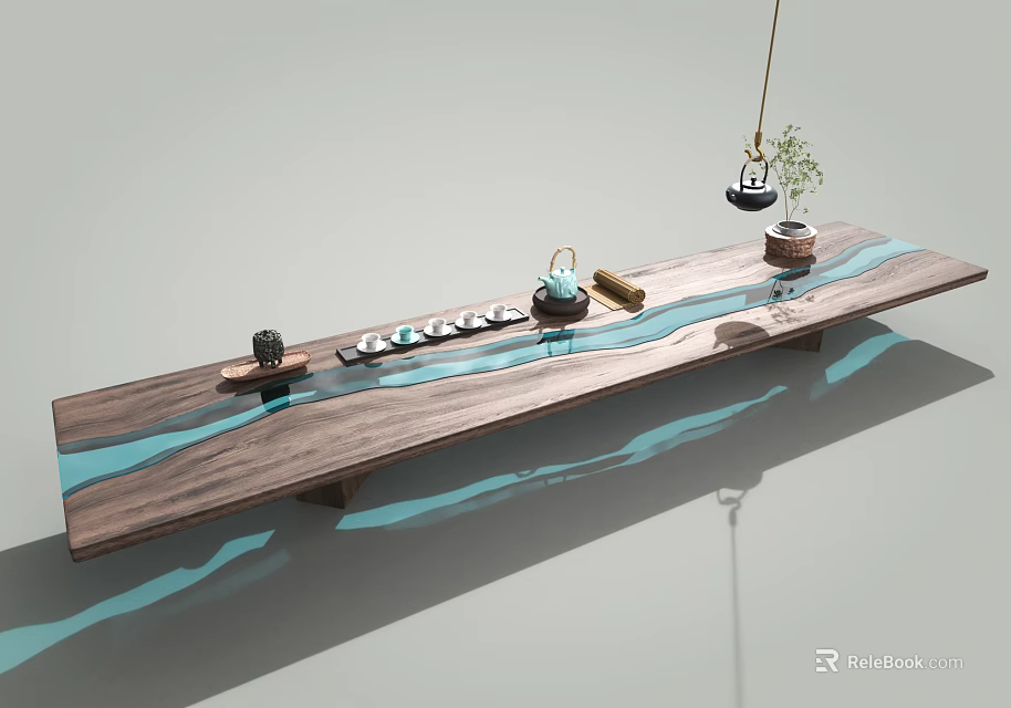 Natural Wooden Tea Table With Blue Resin River Design Ceramic Teapot And Small Plants 3d model 