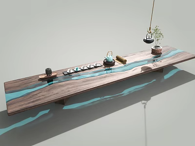 Natural Wooden Tea Table With Blue Resin River Design Ceramic Teapot And Small Plants 3d model