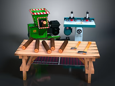 Woodworking Equipment Setup With Green Grinder Blue Lathe And Wooden Workbench With Logs Tools 3d model