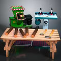 Woodworking Equipment Setup With Green Grinder Blue Lathe And Wooden Workbench With Logs Tools
