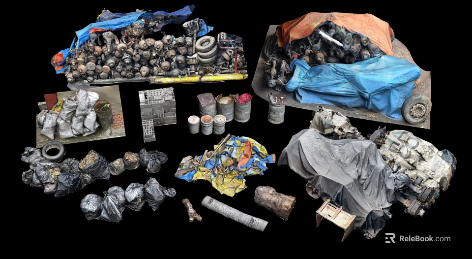 Various Discarded Waste Items Piled With Plastic Bags Bottles And Metal Drums 3d model 