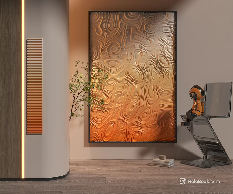 Orange Wavy Abstract Painting In Modern Interior With Metallic Chair Green Plant And Wooden Wall 3d model 