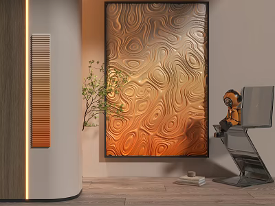 Orange Wavy Abstract Painting In Modern Interior With Metallic Chair Green Plant And Wooden Wall 3d model