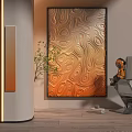 Orange Wavy Abstract Painting In Modern Interior With Metallic Chair Green Plant And Wooden Wall
