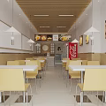 Bright Restaurant Interior With Yellow Chairs White Tables Menu Display And Coca-Cola Sign