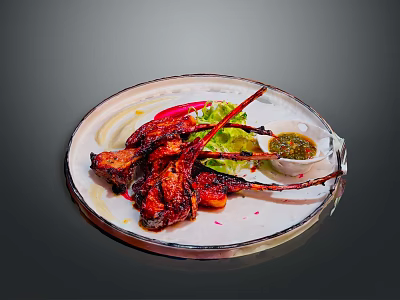 Juicy Roasted Lamb Chops Served on White Plate With Fresh Greens and Herb Sauce 3d model