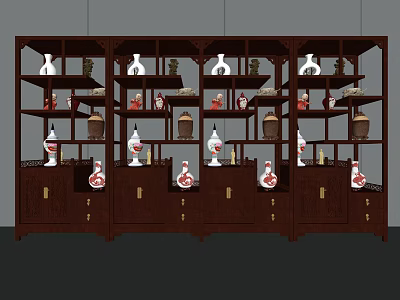 Traditional Chinese Antique Display Shelf with Multiple Shelves and Decorative Vases 3d model