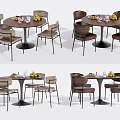 Modern Round Dining Table Set With Light And Dark Brown Chairs Fruit And Tableware 3d model