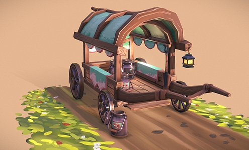 Retro cart carriage gourmet cart milk cartoon carriage cartoon wooden cart 3d model