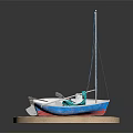 Decorative Small Boat Model With Oars Blue Cloth On Round Platform