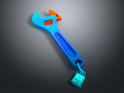 Blue Wrench Tool with Orange Accent and Small Pendant Accessory 3d model