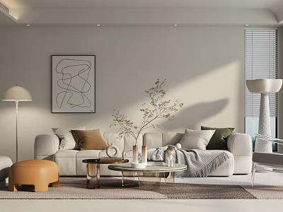 Modern Living Room Interior With White Sofa Coffee Table Abstract Painting And Floor Lamp 3d model