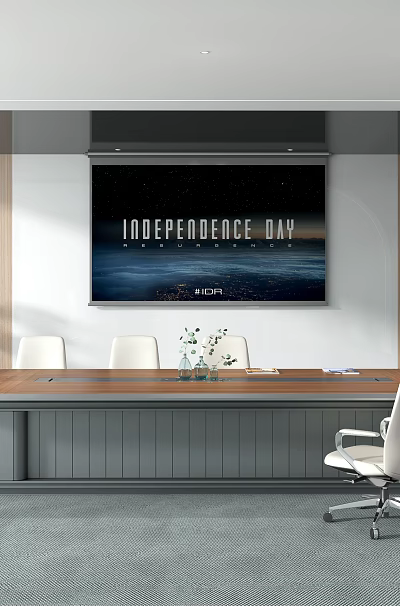 Sleek Modern Conference Table with Ergonomic Chairs Large Screen Potted Plant and Wooden Panels 3d model