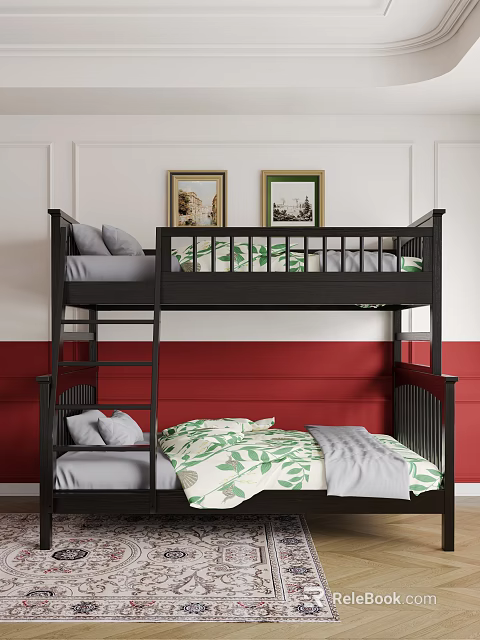 Bedroom With Black Bunk Bed Green Leaf Bedding White Red Walls And Framed 3d model 