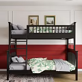 Bedroom With Black Bunk Bed Green Leaf Bedding White Red Walls And Framed