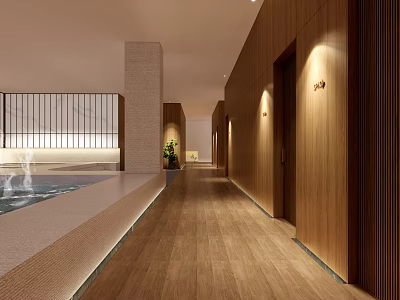 Modern SPA Sauna Interior With Wooden Walls Pool And Ambient Lighting 3d model
